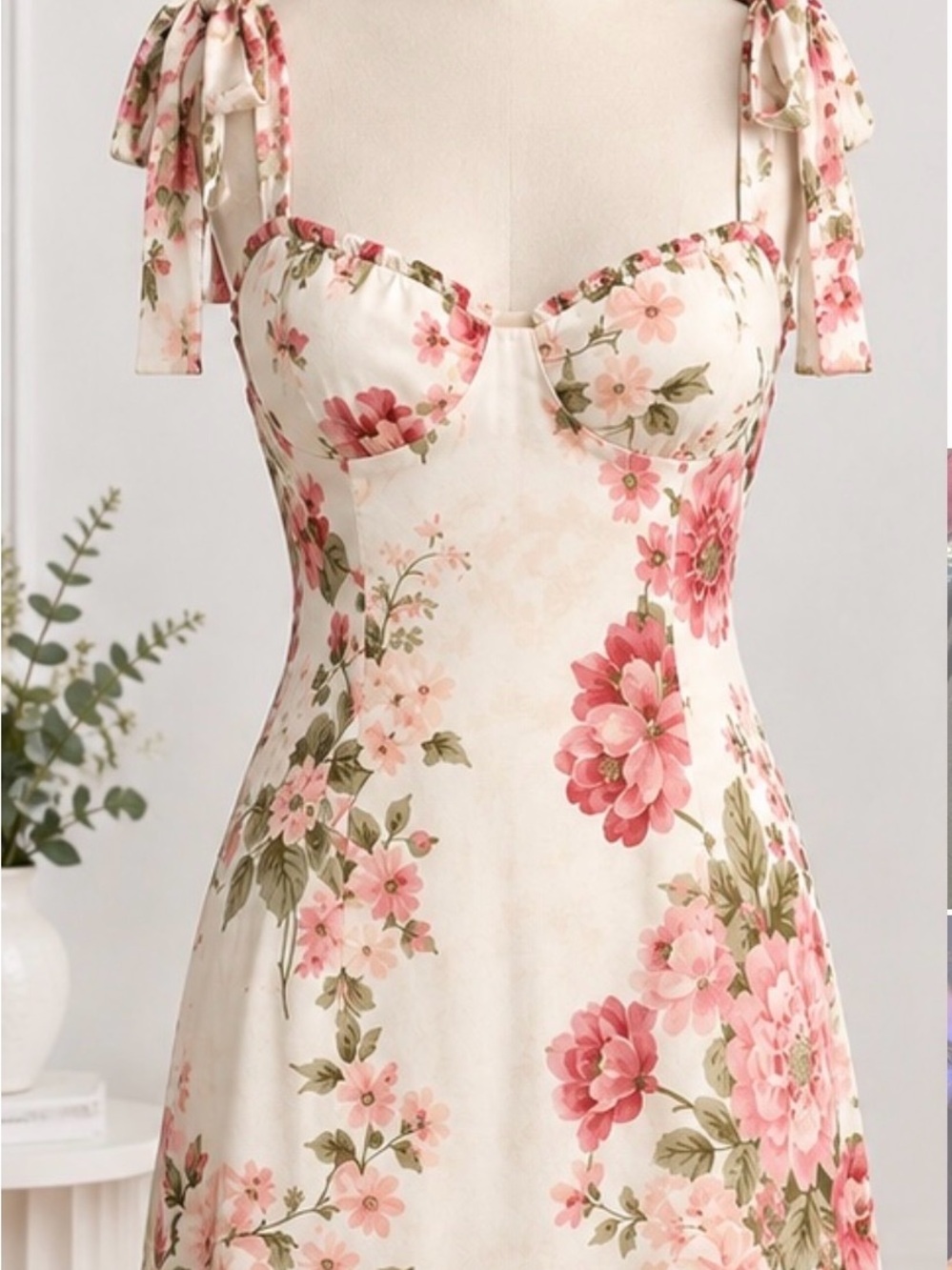 Reformation Cream Floral Tie-Shoulder Slip Dress